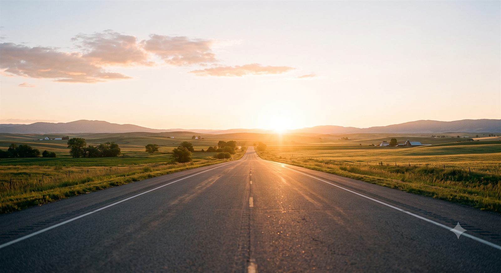 An empty road running straight toward the sunrise, farmland on either side.