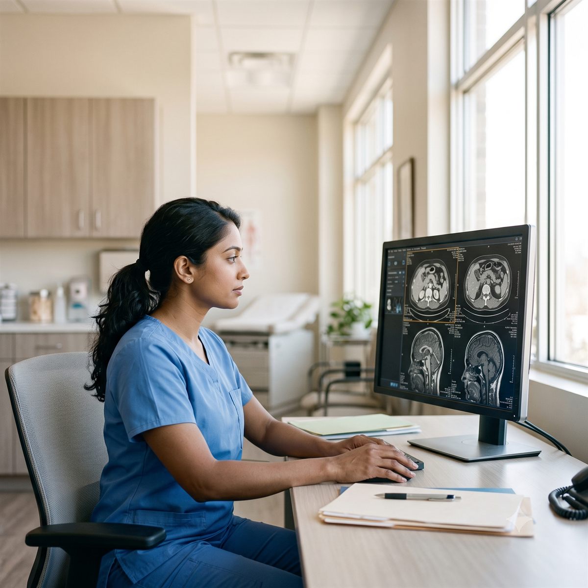 A clinician studying a diagnostic scan on screen, reading carefully before deciding anything.