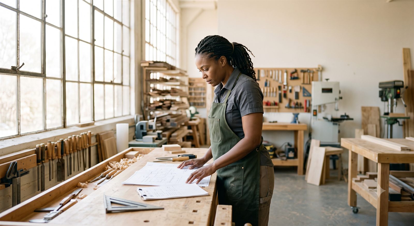 A workshop owner standing at her bench, studying a plan laid out in front of her before starting the work.