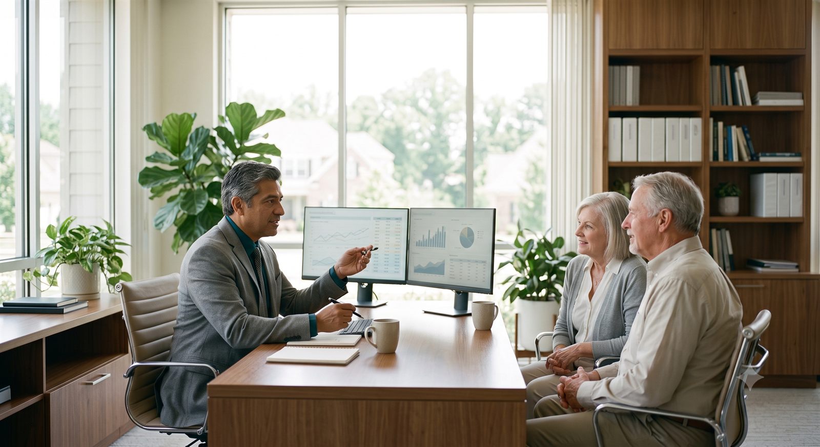 An accountant reviewing figures on screen with two clients.