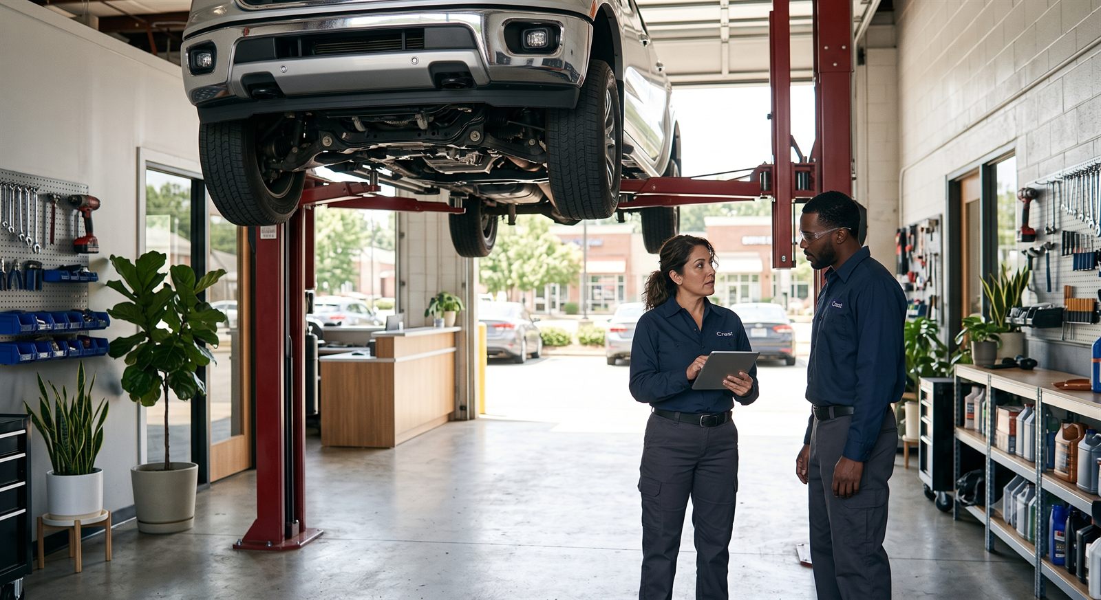 Two people talking in an auto workshop beside a vehicle on a lift.