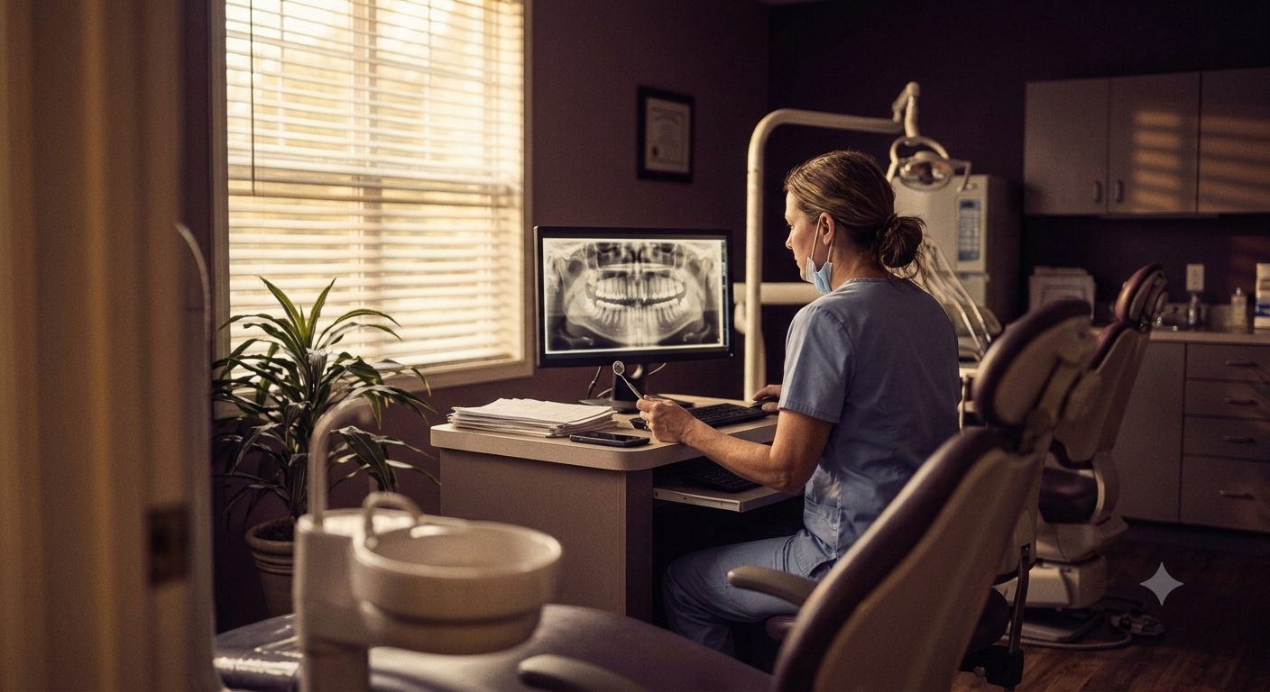 A dentist reviewing an X-ray at a workstation in a practice.