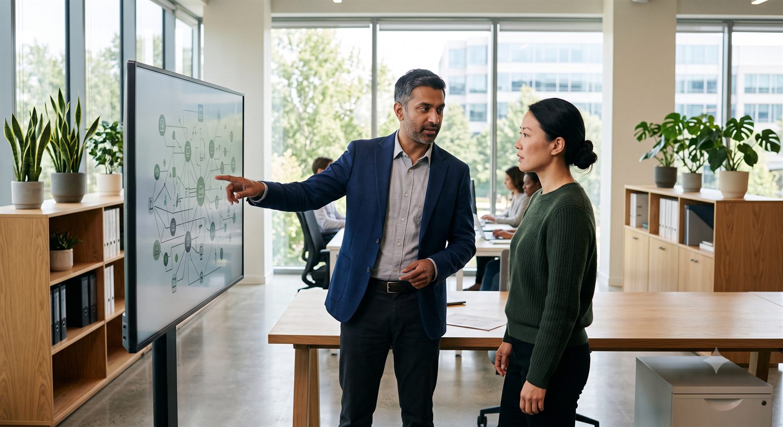 Two colleagues reviewing a network diagram on a large screen.
