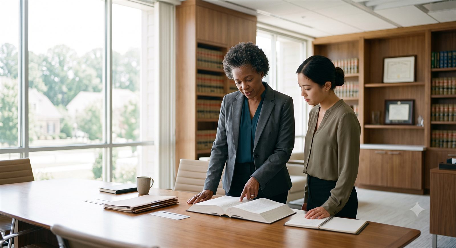 Two attorneys reviewing a document together in a law office.