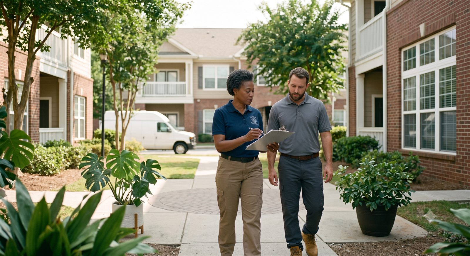 A property manager and a maintenance lead walking a site with a clipboard.