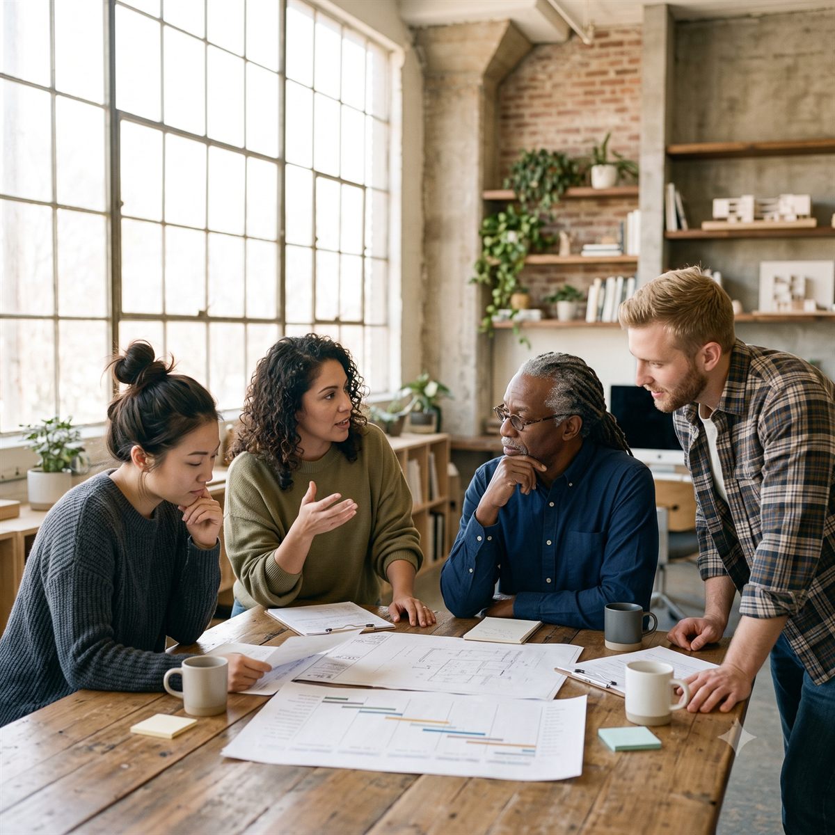 Four colleagues around a table mid-discussion, all turned toward the person making the call.
