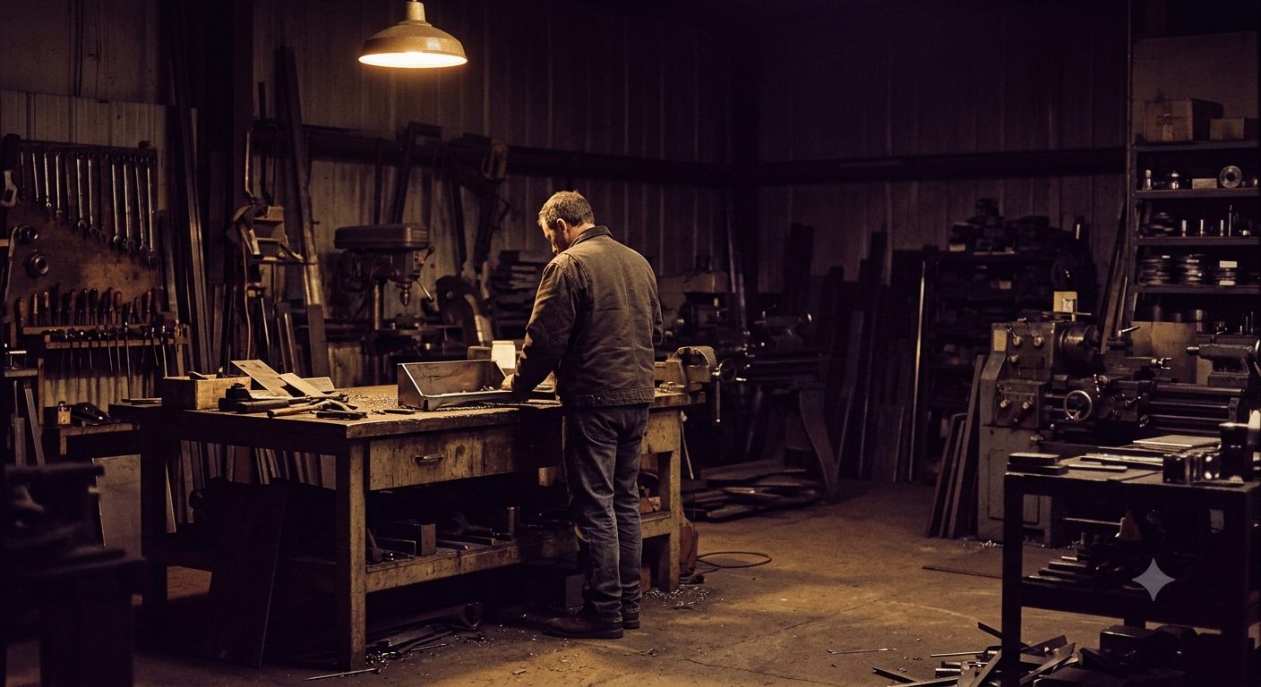A lone workshop at night with one light on over the bench, the owner still working.