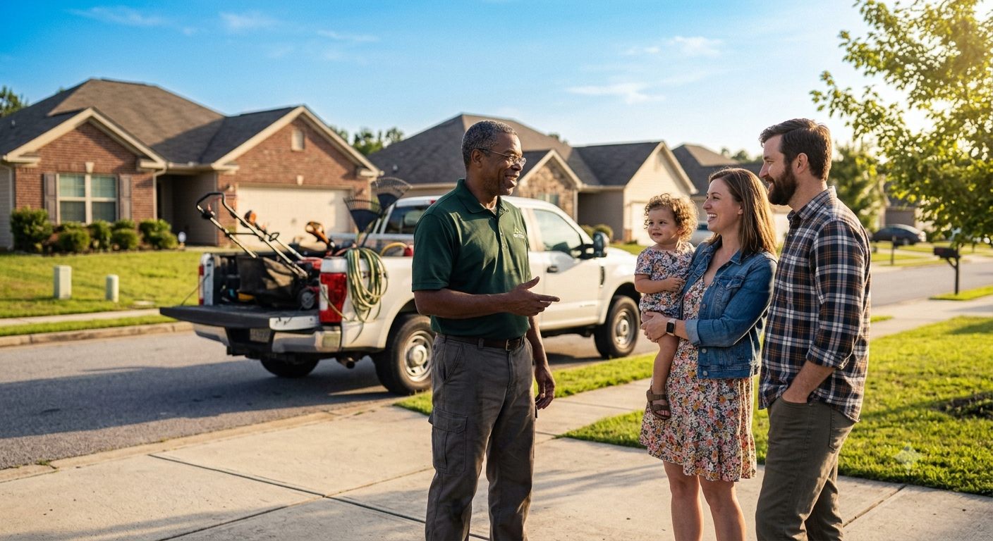 An owner and their crew talking with customers outside a home, at the end of a job.